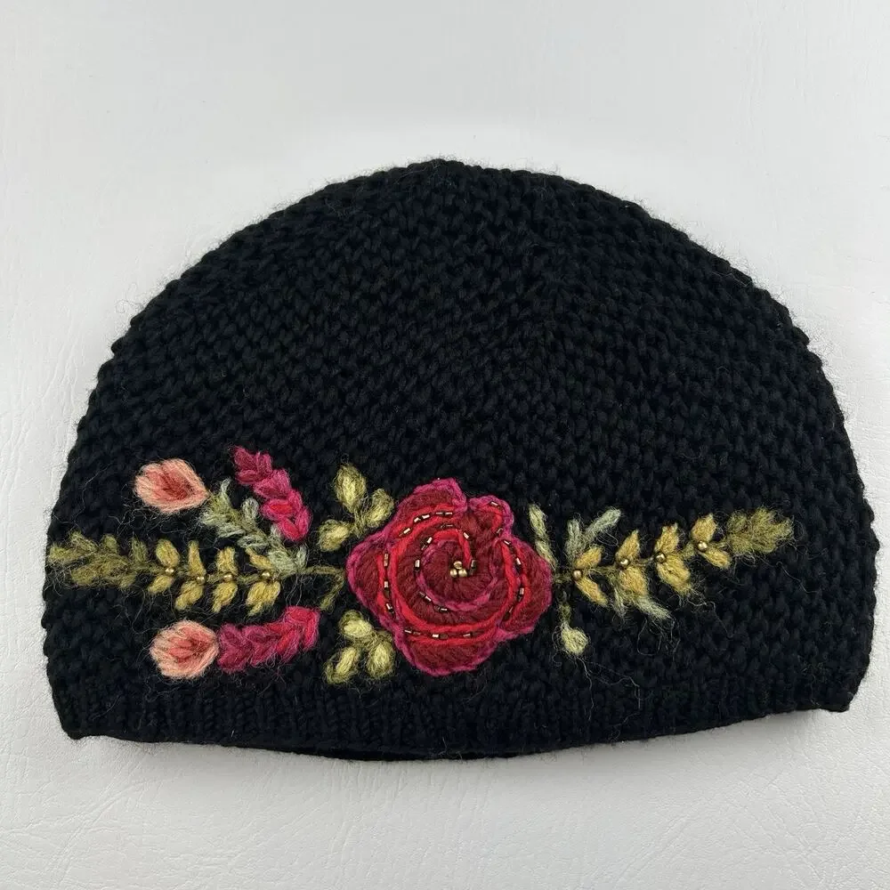 French Knot Black Wool Floral Embroidered Beanie Hat Lined One Size Women